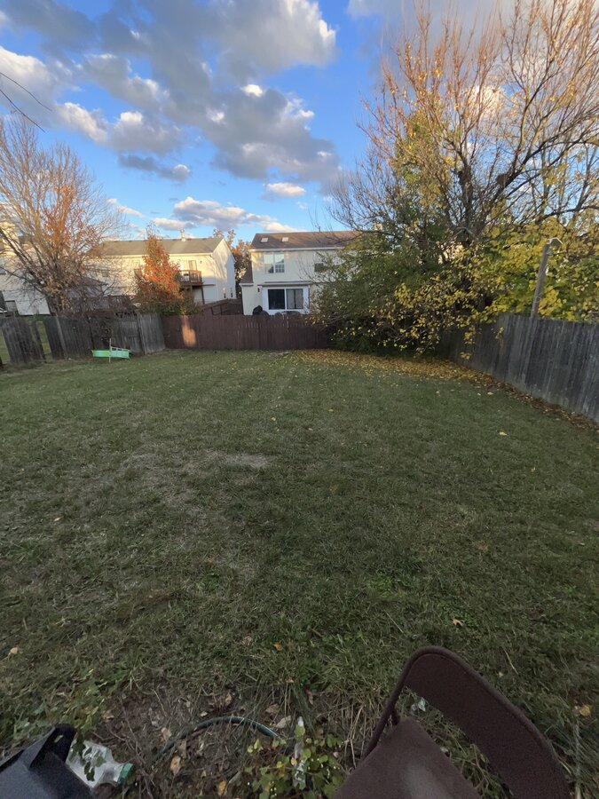 Columbus OH before — rear yard of vacant property, neglected after water damage